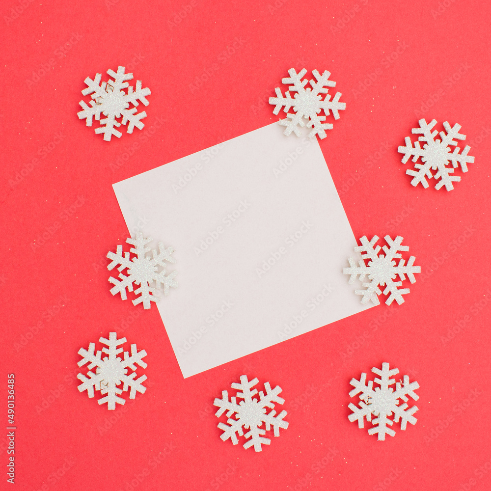 Christmas Square leaflet mock up blank template design idea. White Christmas snowflakes mockup against pastel pink background. Copy space templates designs for new year message layout. Noel. Christmas Square leaflet mock up blank template design idea. White Christmas snowflakes mockup against pastel pink background. Copy space templates designs for new year message layout. Noel.