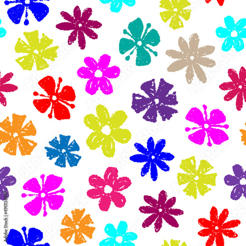 Beautiful bright colorful multicolored flowers isolated on white background. Cute colored floral seamless pattern. Vector simple flat graphic hand drawn illustration. Texture.