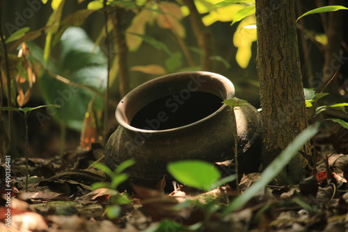 Obraz na plátne Many old earthen pots are lying in the forest