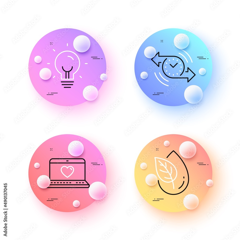 Organic product, Timer and Web love minimal line icons. 3d spheres or balls buttons. Energy icons. For web, application, printing. Leaf, Stopwatch, Social network. Lightbulb. Vector Organic product, Timer and Web love minimal line icons. 3d spheres or balls buttons. Energy icons. For web, application, printing. Leaf, Stopwatch, Social network. Lightbulb. Vector
