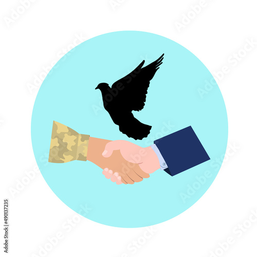 The handshake of a military and civilian man against the background of a stylized globe and a black dove.Vector emblem of the symbol of peace on a white background.