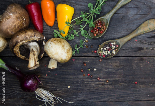 champinion mushrooms and fresh vegetables from the organic garden photo