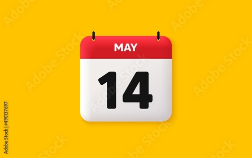 Calendar date 3d icon. 14th day of the month icon. Event schedule date. Meeting appointment time. Agenda plan, May month schedule 3d calendar and Time planner. 14th day day reminder. Vector