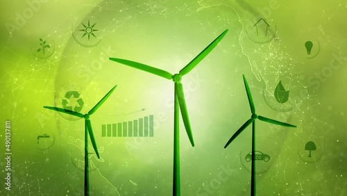 Looping green eco environment icons with wind turbines animation. Concept positive business background. photo