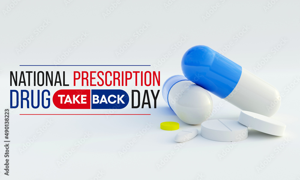 National Prescription drug take back day is observed every year in April, it is a safe, convenient, and responsible way to dispose of unused or expired prescription drugs. 3D Rendering - obrazy, fototapety, plakaty 
