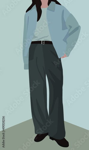 A girl in loose gray pants, a T-shirt and a gray jacket. Vector flat image of a girl with dark hair. Design for postcards, avatars, posters, backgrounds, templates, textiles.