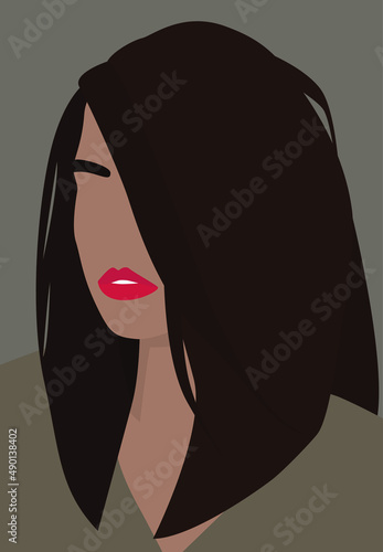 Vector flat image of a young girl with brown hair and scarlet lips. Portrait of a girl in a gray sweater. Design for postcards, avatars, backgrounds, posters, textiles, templates.