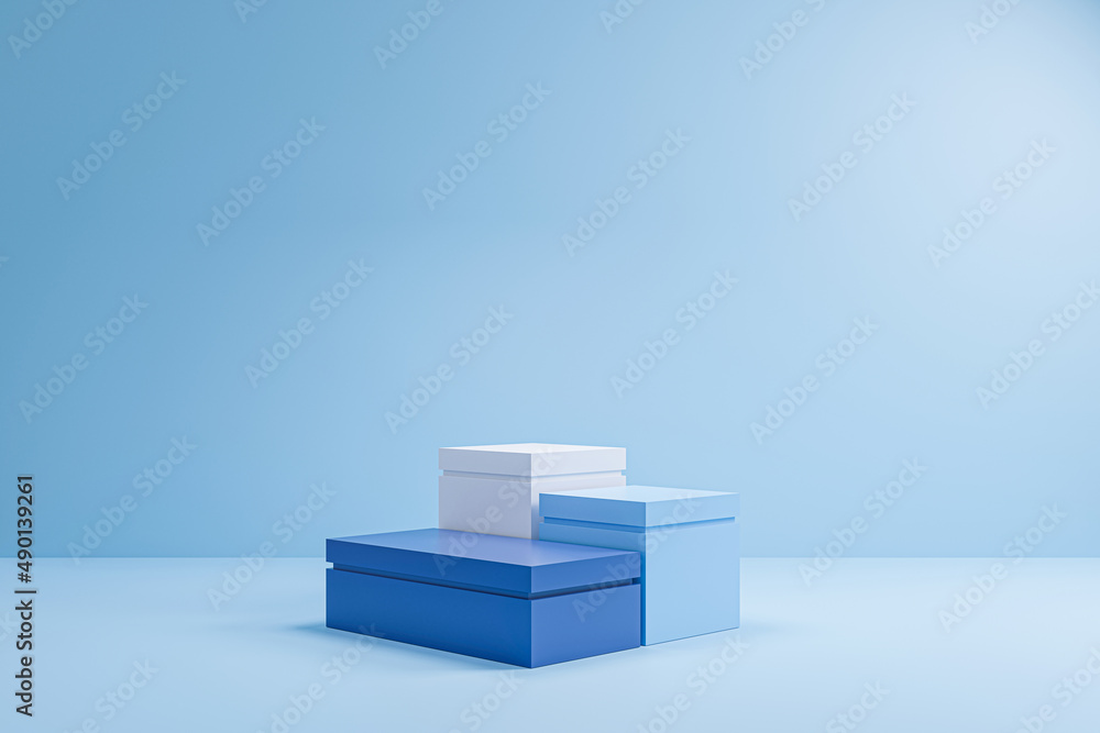3 step cube blue podium on blue background, minimal concept, showcase for product. 3D render 3 step cube blue podium on blue background, minimal concept, showcase for product. 3D render
