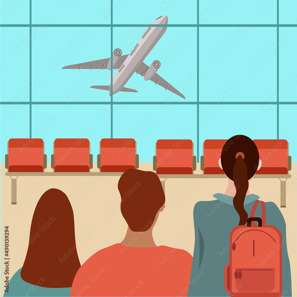 An airport.A man and two women watch the plane take off.Vector illustration.