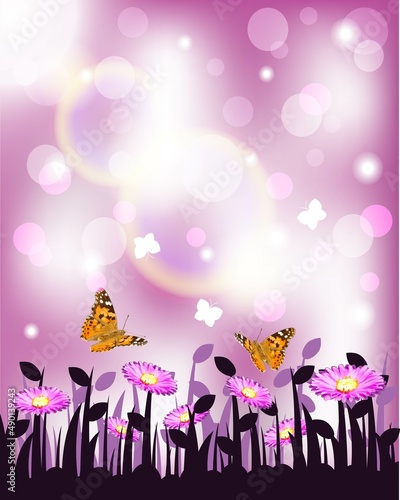 Butterflies - Painted lady - Vanessa Cardui closeup flies in a flowers Alpine Aster.Vector illustration.