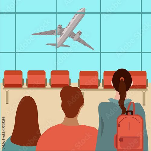 An airport.A man and two women watch the plane take off.Vector illustration.