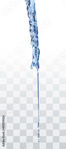 Transparent icicle melts with falling drops isolated on white background.Vector illustration.