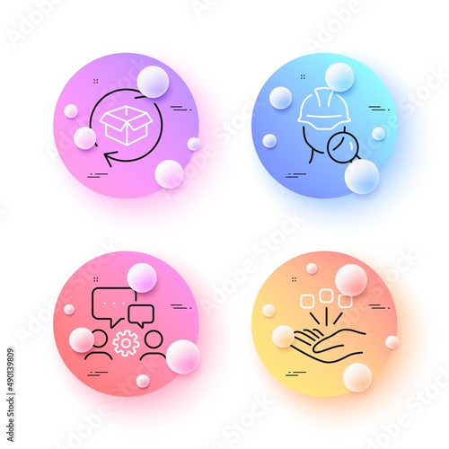 Consolidation, Engineering team and Inspect minimal line icons. 3d spheres or balls buttons. Return parcel icons. For web, application, printing. Strategy, Teamwork, Builder review. Vector