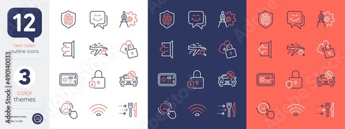 Set of Smile face, Cogwheel dividers and Lock line icons. Include Wifi, Fingerprint, Car leasing icons. Locks, Dislike, Search flight web elements. Safe box, Sign out, Food delivery. Chat. Vector