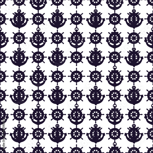 Seamless pattern of silhouette anchors and steering-wheel rudders. Vector black doodle sketch illustration on white background.