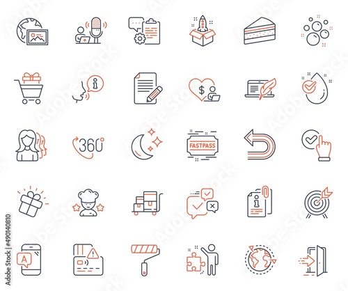 Business icons set. Included icon as 360 degree, Strategy and Cake web elements. Water drop, Shopping trolley, Outsourcing icons. Clean bubbles, Entrance, Gift web signs. Web photo. Vector