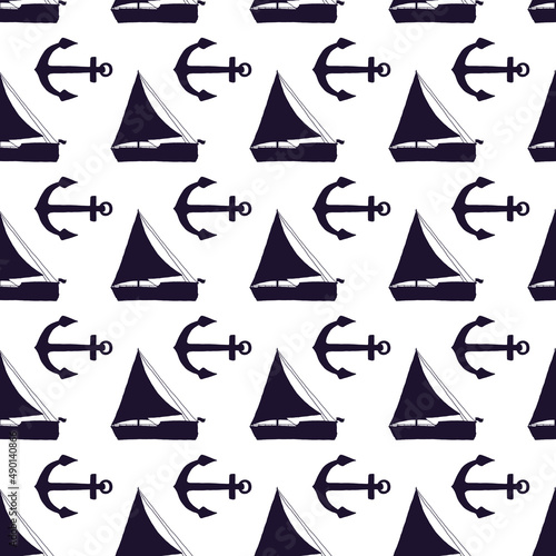 Seamless pattern of silhouette yachts and anchors. Vector black doodle sketch illustration on white background.