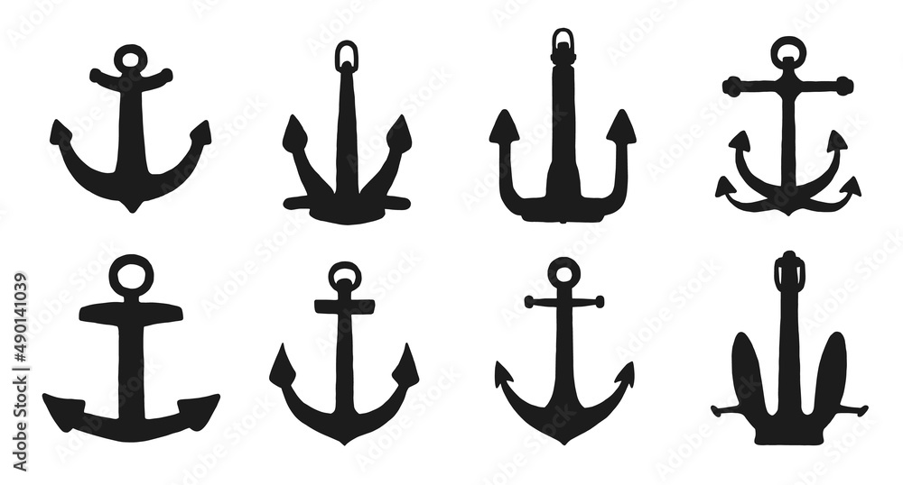 Silhouette of anchor. Vector set black white doodle sketch isolated illustration. Silhouette of anchor. Vector set black white doodle sketch isolated illustration.
