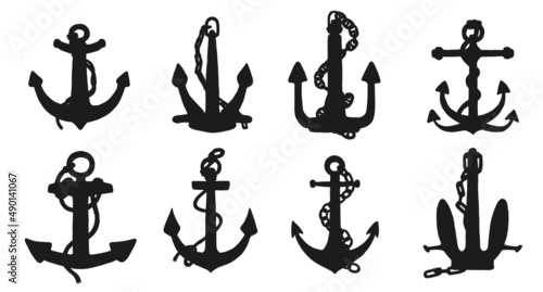 Silhouette of anchors with rope and iron chain. Vector set black white doodle sketch isolated illustration.