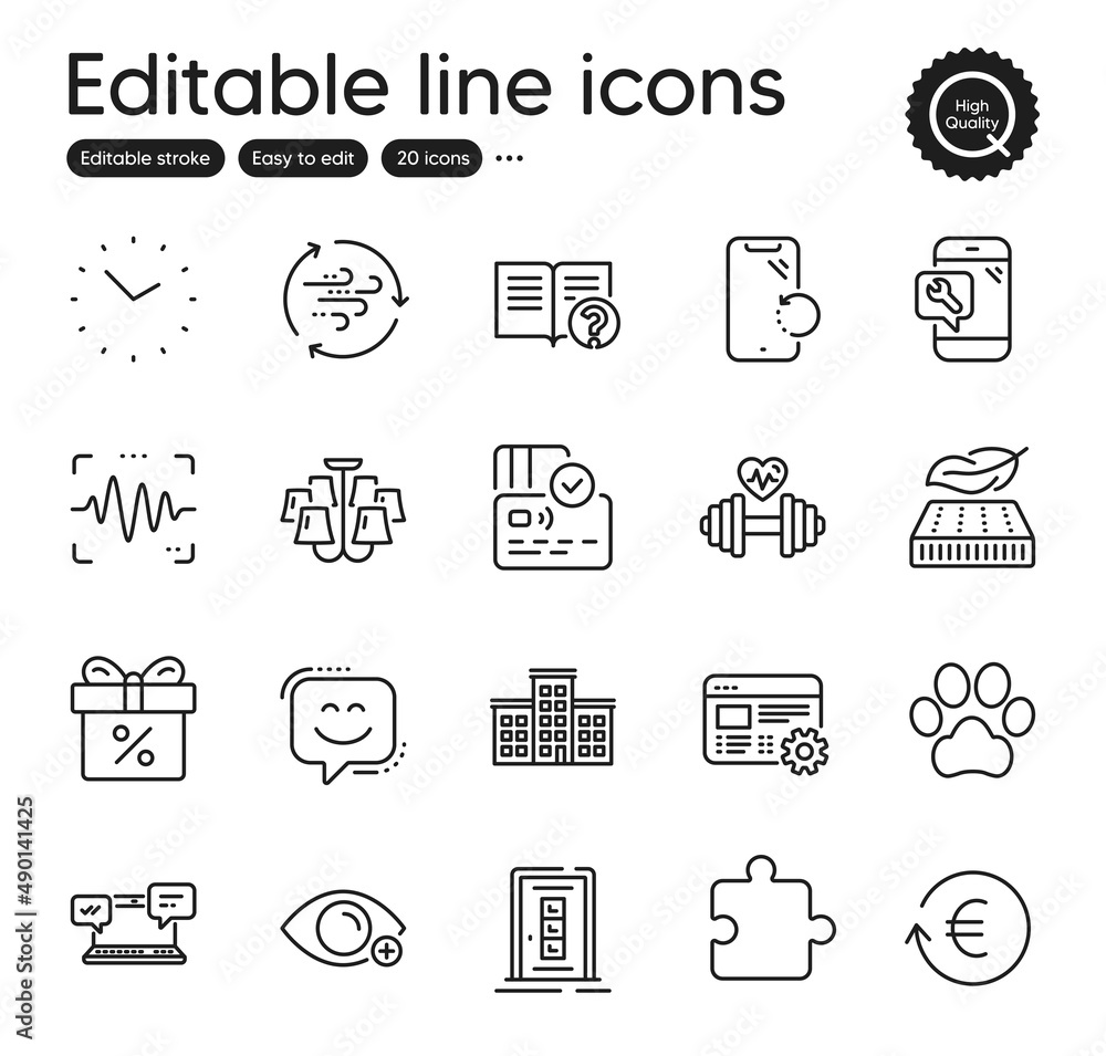 Set of Business outline icons. Contains icons as Web settings, Chandelier and Help elements. Wind energy, Smile face, Phone repair web signs. Internet chat, Company, Discount offer elements. Vector Set of Business outline icons. Contains icons as Web settings, Chandelier and Help elements. Wind energy, Smile face, Phone repair web signs. Internet chat, Company, Discount offer elements. Vector