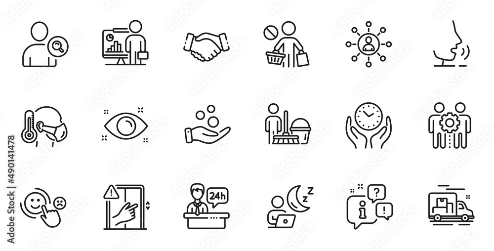 Outline set of Stop shopping, Find user and Employees teamwork line icons for web application. Talk, information, delivery truck outline icon. Vector