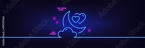 Neon light glow effect. Love night line icon. Valentines day evening sign. Couple relationships symbol. 3d line neon glow icon. Brick wall banner. Love night outline. Vector