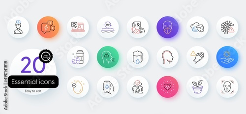 Simple set of Head, Cough and Vitamin e line icons. Include Doctor, Medical drugs, Potato icons. Medical mask, Heartbeat, Use gloves web elements. Health app, Uv protection, Prescription drugs. Vector