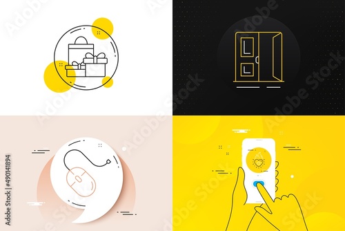 Minimal set of Computer mouse, Shopping and Open door line icons. Phone screen, Quote banners. Heart flame icons. For web development. Pc device, Holiday packages, Entrance. Love fire. Vector