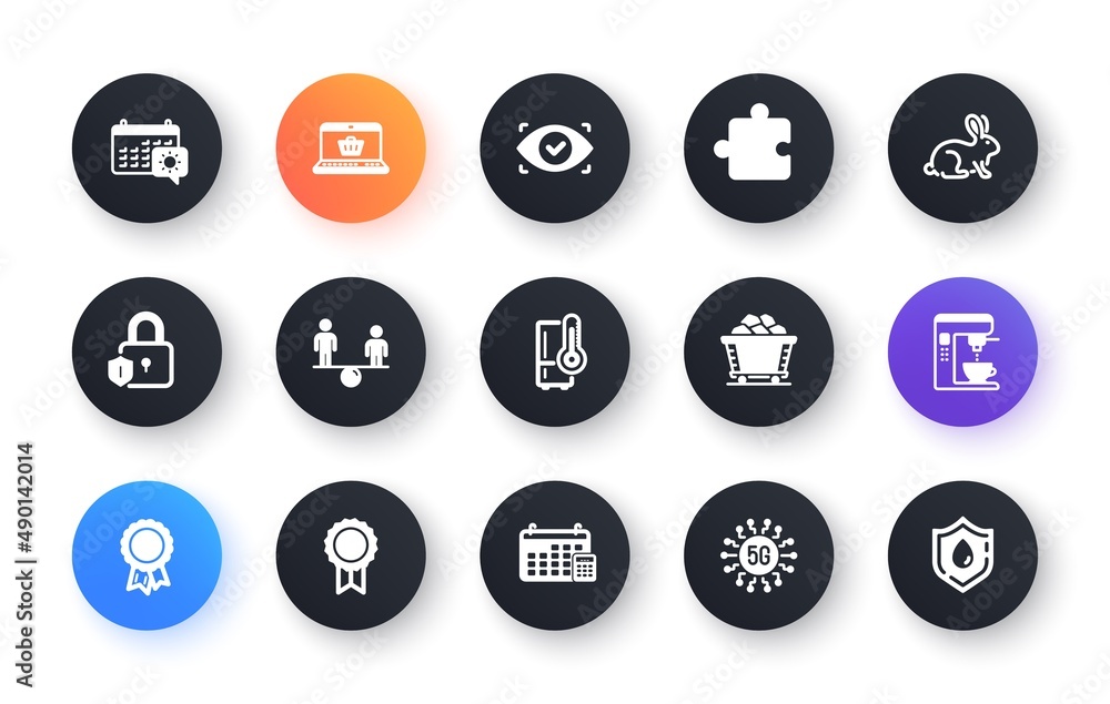 Minimal set of Calendar, Lock and 5g technology flat icons for web development. Coal trolley, Reward, Success icons. Puzzle, Equity, Biometric eye web elements. Travel calendar. Vector Minimal set of Calendar, Lock and 5g technology flat icons for web development. Coal trolley, Reward, Success icons. Puzzle, Equity, Biometric eye web elements. Travel calendar. Vector