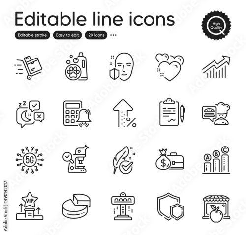 Set of Business outline icons. Contains icons as Market, Shields and Pie chart elements. Vip podium, Attraction, 5g technology web signs. Salary, Pet shampoo, Increasing percent elements. Vector