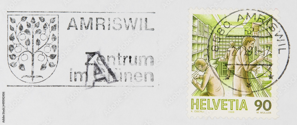 briefmarke stamp vintage retro alt old used gestempelt gebraucht grün briefsortieren sorting letters amriswil zentrum im grünen slogan werbung A 90 helvetia schweiz swiss switzerlan schweiz