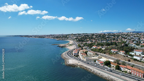 Aerial shot of a sea on a sunny day in Caxias, Portugal photo