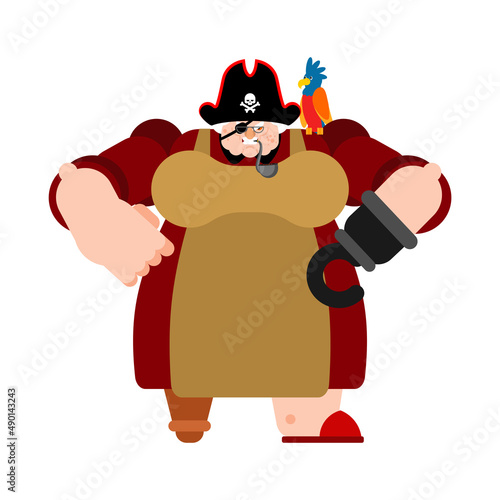 Grandmother Pirate. Grandma filibuster and parrot. Vector illustration