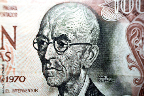 A portrait of the Spanish composer Manuel de Falla from obverse side of 100 one hundred Spanish cien Pesetas banknote currency issued 1970 by bank of Spain Madrid, old Spanish money, vintage retro