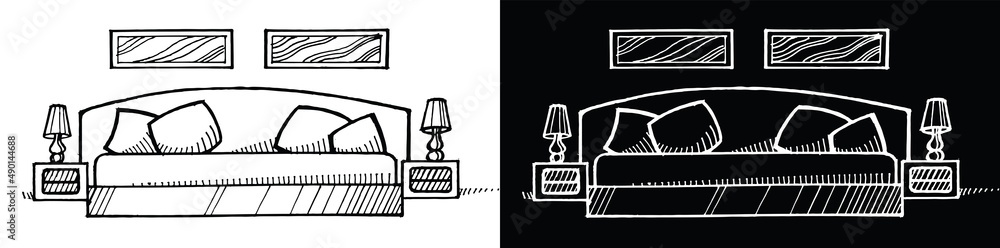 Interior of a room, office, rest room. Room illustration. Black and white image. Kit. Vector image. Interior of a room, office, rest room. Room illustration. Black and white image. Kit. Vector image.