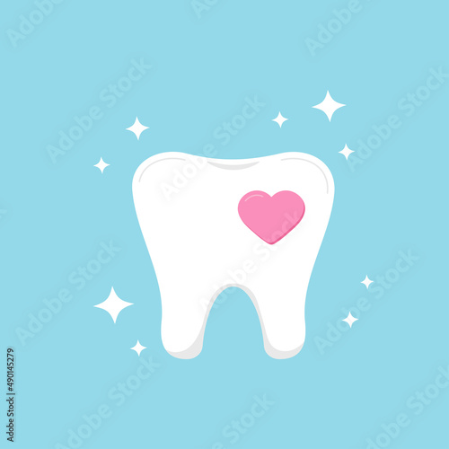Tooth with heart and sparkle dental icon isolated on blue background. Clean strong healthy tooth with sparkles and love pink heart shape. Vector flat design human dentistry clip art illustration.