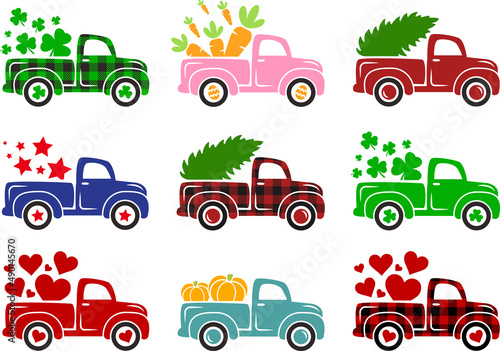 Different holidays truck Svg bundle isolated on white background. Cute vintage old truck cut files - Christmas, Easter, 4th of July, Valentine's day, St Patrick's day, Fall pumpkins pickup photo