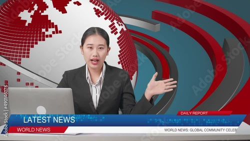 Live News Studio With Asian Professional Female Anchor And Her Computer Pointing To Side While Reporting On The Events Of The Day
 photo