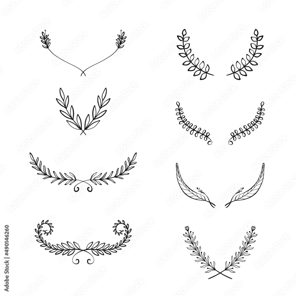 Set of vector handdrawn laurels and wreaths, nature, floral doodle collection. Decoration elements for design invitation, wedding cards, valentines day, greeting cards