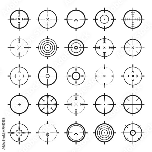 Crosshair, gun sight vector icons. Bullseye, black target or aim symbol. Military rifle scope, shooting mark sign. Targeting, aiming for a shot. Archery, hunting and sports shooting. Game UI element.