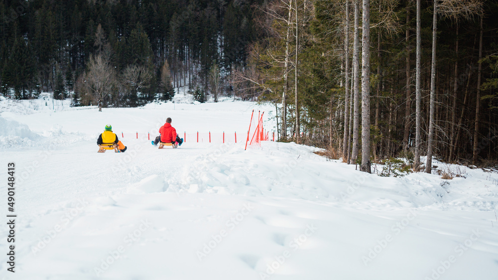 Father and son, sledding on wooden sleds from the top of the snowy slope Father and son, sledding on wooden sleds from the top of the snowy slope