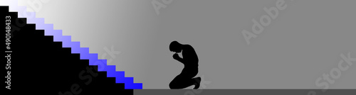 A man prays in front of the staircase to heaven.