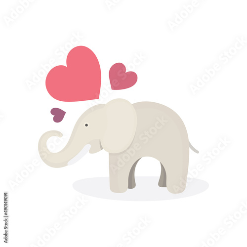 Elephant in love. Cute elephant and hearts. Drawing illustration in cartoon style. Part of set.