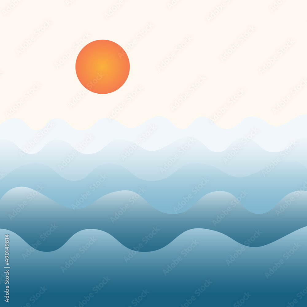 Sea view with sun. Waves, horizon, background.