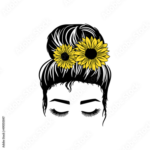 Mom with a Messy Bun, Momlife sunflower, Silhouette of a woman face with messy hair in a bun with flowers