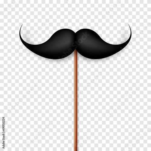 Realistic black mustache on a wooden stick. Fake paper mustache isolated on white background. Fashionable facial hair. Vintage design element. Creative vector illustration.