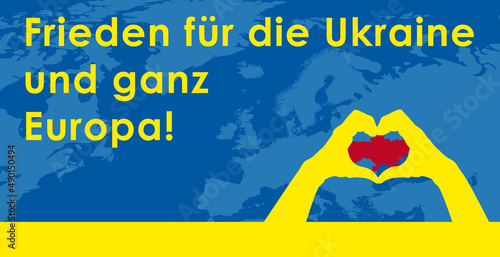 Frieden für die Ukraine und ganz Europa mit Europakarte und zum Herz geformte Hände