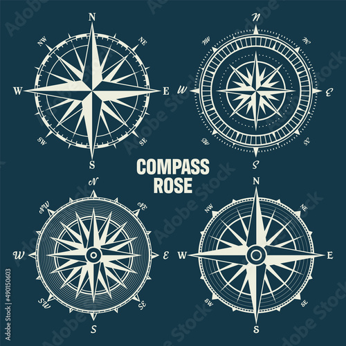 Vintage marine wind rose, nautical chart. Monochrome navigational compass with cardinal directions of North, East, South, West. Geographical position, cartography and navigation. Vector illustration.