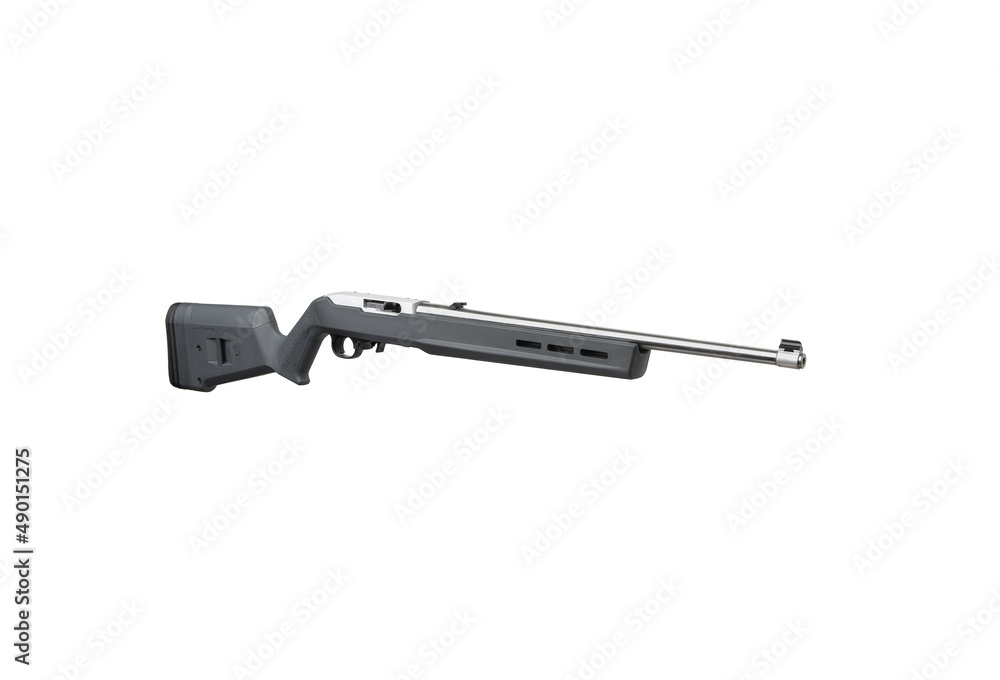 Modern semi-automatic small-caliber .22lr rifle. Sports carabiner .22lr. Isolate on a white back. Modern semi-automatic small-caliber .22lr rifle. Sports carabiner .22lr. Isolate on a white back.