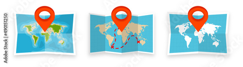 Folded world maps in a flat style. Simplified paper map with red location pin. Navigation, route and road trip planning. Travel and accommodation. Vector illustration.